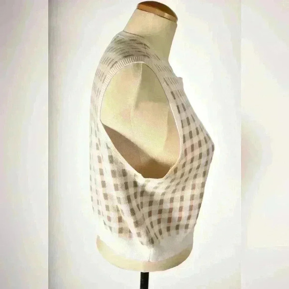 CARVEN PARIS White Beige Knit Gingham Cropped Cotton Vest Large 4/6 Portgual - Picture 4 of 8